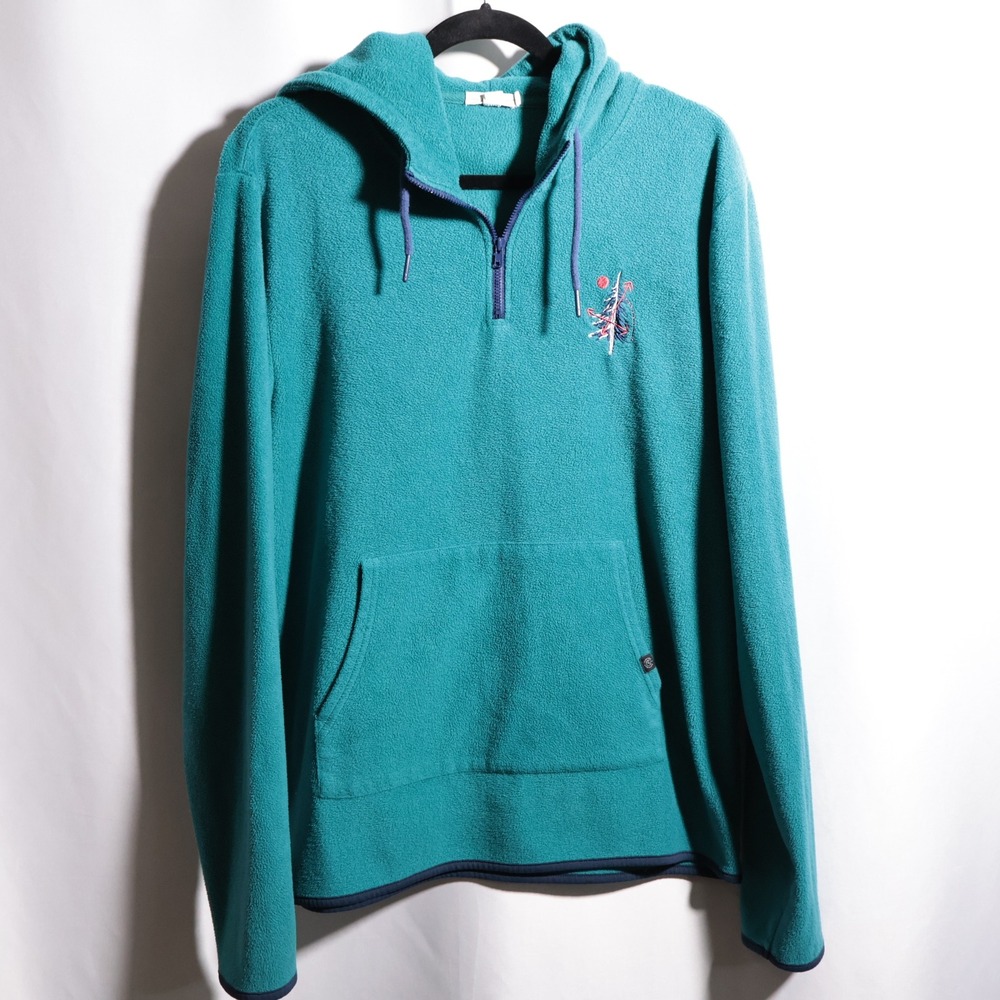 Threads 4 Thought Mens L Teal Recycled Fleece Quarter Zip Hoodie Tree Embroidery